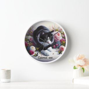 Beautiful Black and White Cat and Flowers Clock