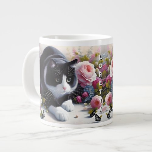 Beautiful Black and White Cat and Flowers Giant Coffee Mug