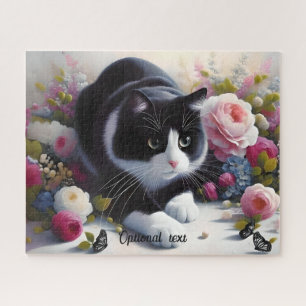 Beautiful Black and White Cat and Flowers Jigsaw Puzzle