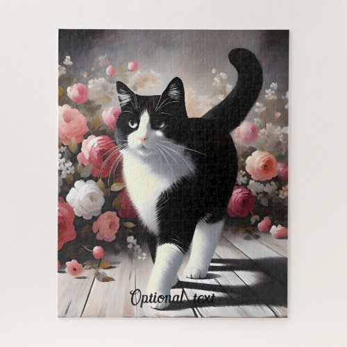 Beautiful Black and White Cat and Flowers Jigsaw Puzzle