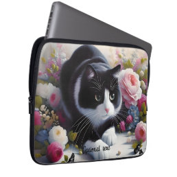 Beautiful Black and White Cat and Flowers Laptop Sleeve