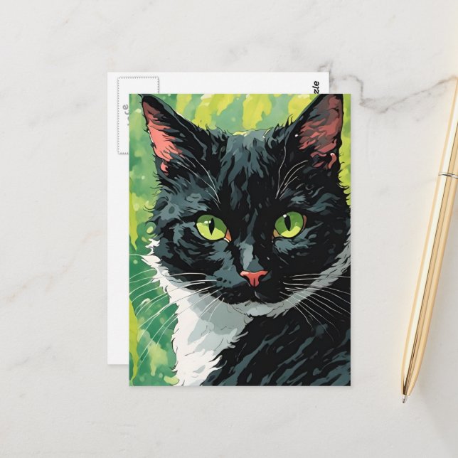 Beautiful Black and White Cat Postcard (Front/Back In Situ)
