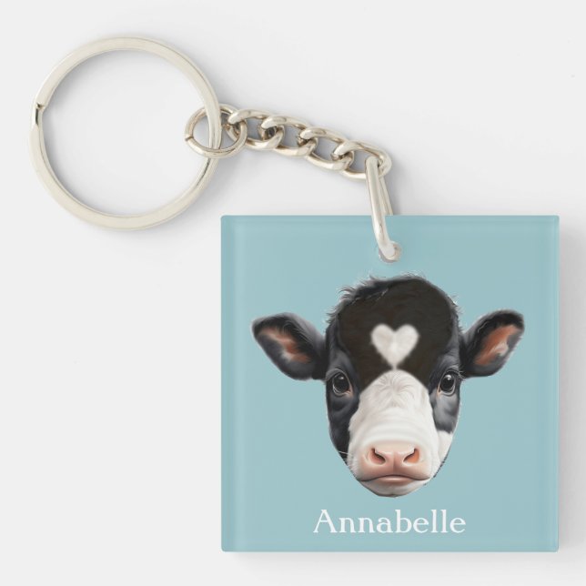 Beautiful Black and White Cow Face on Sky Blue Keychain (Front)