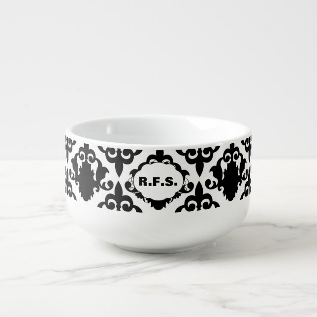 Beautiful Black and White Damask Soup Mug (Front)