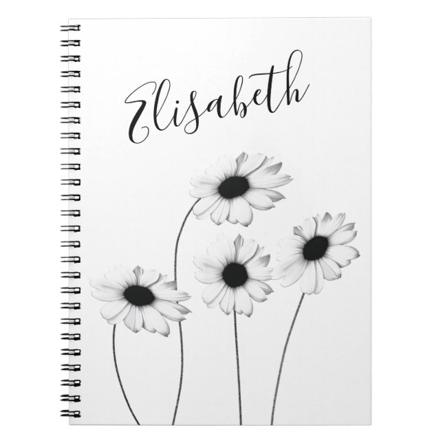 Beautiful black and white design daisies with name notebook (Front)