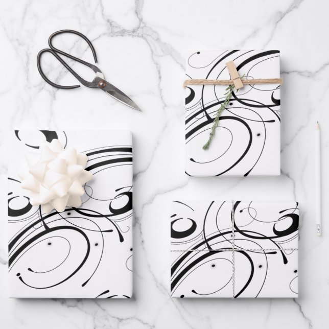 Beautiful Black and White Scroll Wrapping Paper Sheets (Front)