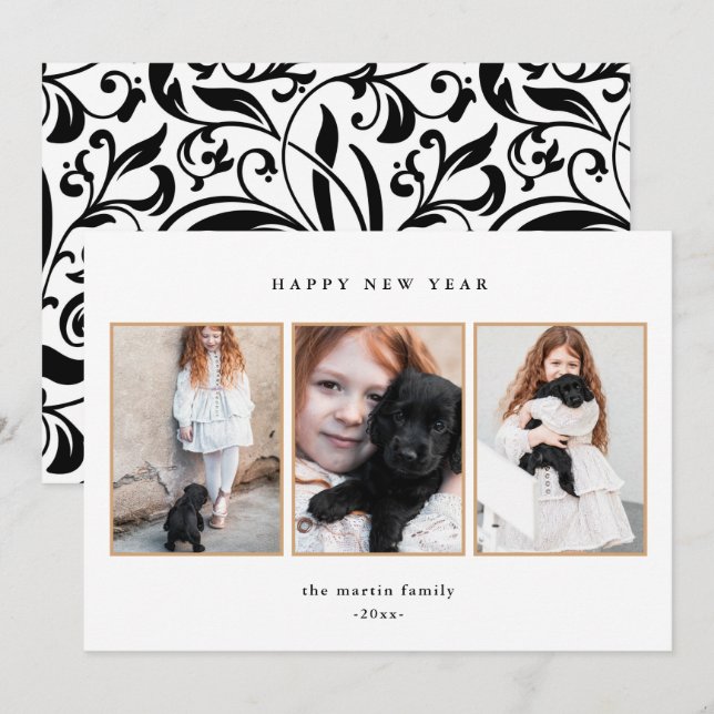 Beautiful Black and White Three Photo New Year Holiday Card (Front/Back)
