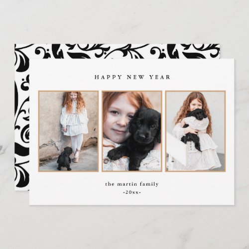 Beautiful Black and White Three Photo New Year Holiday Card