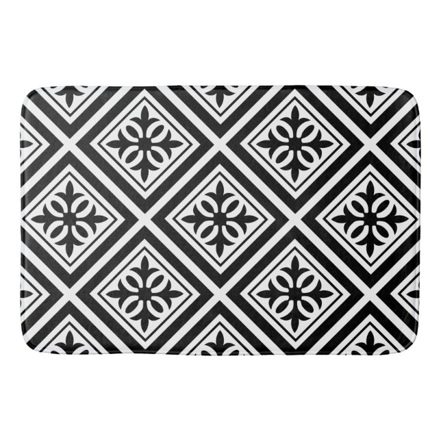 Beautiful black and white tiled ornate pattern bathroom mat (Front)