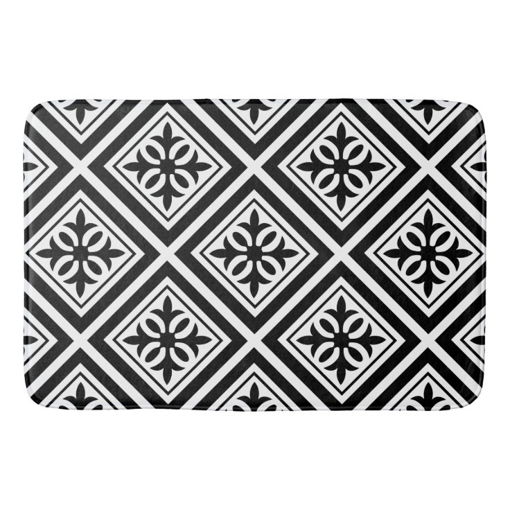 Beautiful black and white tiled ornate pattern bathroom mat Zazzle
