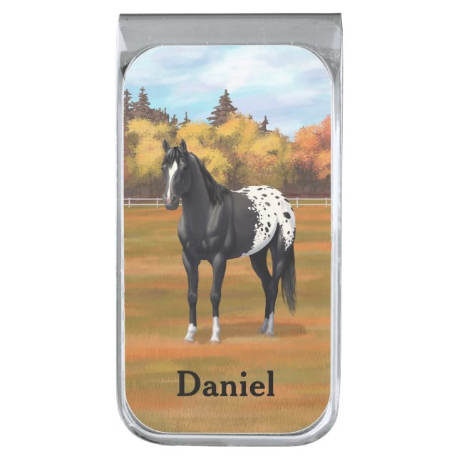 Beautiful Black Appaloosa Quarter Horse Stallion Silver Finish Money Clip (Front Vertical)