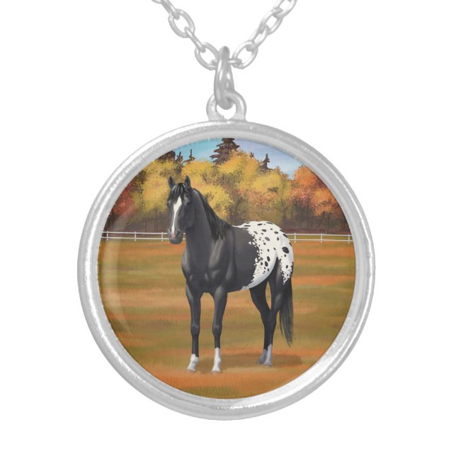 Beautiful Black Appaloosa Quarter Horse Stallion Silver Plated Necklace (Front)