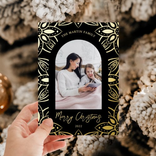 Beautiful Black Botanical Frame Photo Christmas Foil Holiday Card