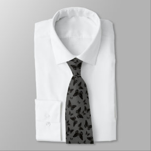 Beautiful Black Butterflies on Grey Motif Pattern Neck Tie