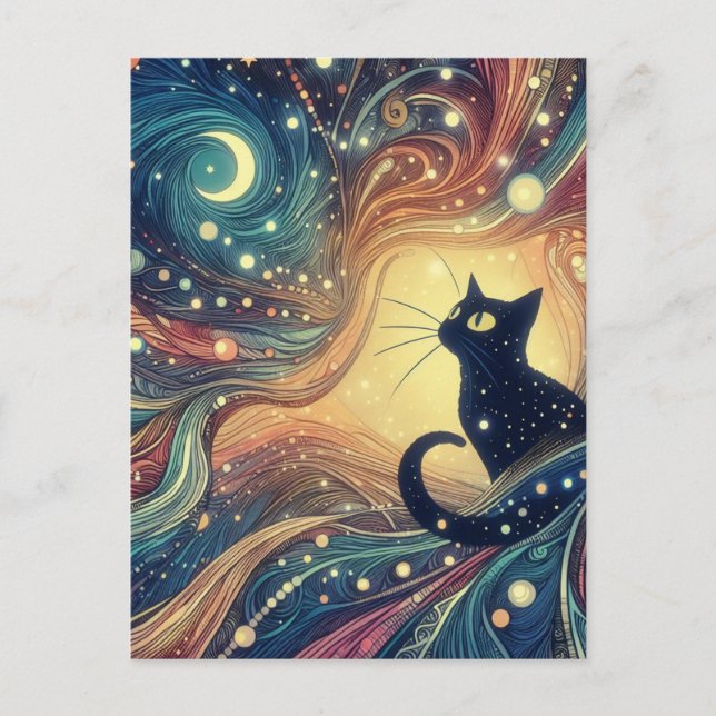 Beautiful Black Cat Abstract Doodles Postcard (Front)
