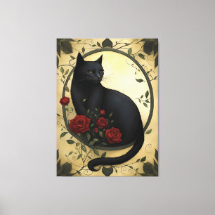 Beautiful Black Cat and Red Roses Canvas Print