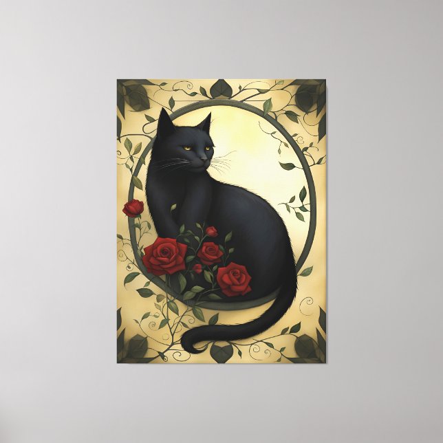 Beautiful Black Cat and Red Roses  Canvas Print (Front)