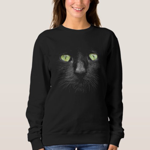 Beautiful Black Cat Face Big Green Eyes Cool Hallo Sweatshirt