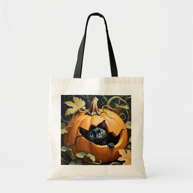 Beautiful black cat in pumpkin tote bag (Front)