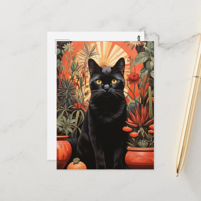 Beautiful Black Cat in the Tropical Houseplants  Postcard (Front/Back In Situ)