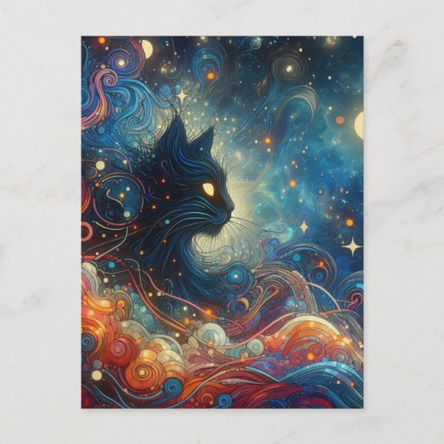 Beautiful Black Cat Space Doodles Postcard (Front)