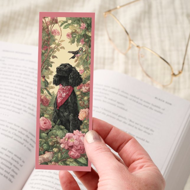 Beautiful Black Cocker Spaniel With Pink Flowers Bookmarks (Hand)