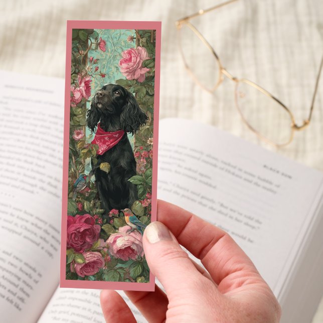 Beautiful Black Cocker Spaniel With Pink Flowers Bookmarks (Hand)
