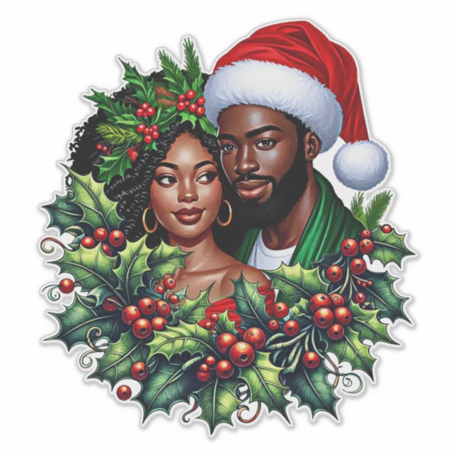 Beautiful Black couple Holly christmas wreath art Sticker (Front)
