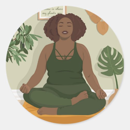Beautiful black curvy woman meditating classic round sticker