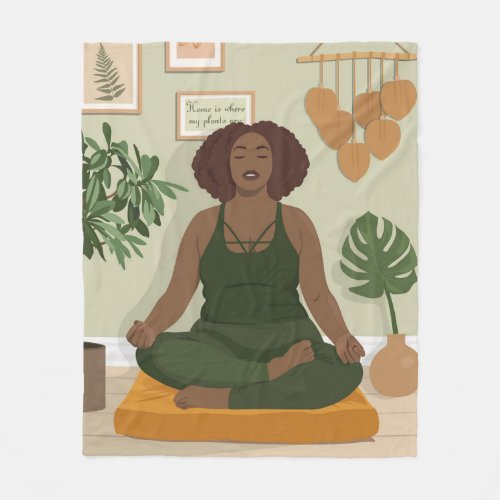 Beautiful black curvy woman meditating  fleece blanket