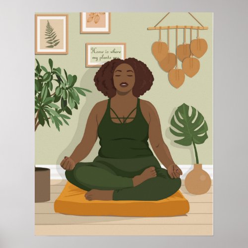 Beautiful black curvy woman meditating poster