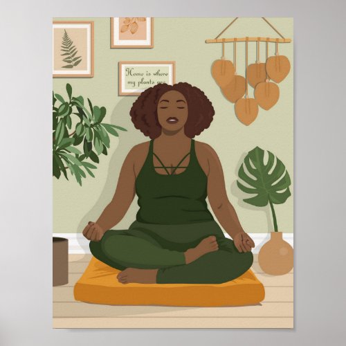 Beautiful black curvy woman meditating poster