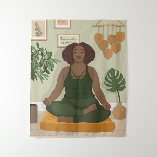 Beautiful black curvy woman meditating tapestry