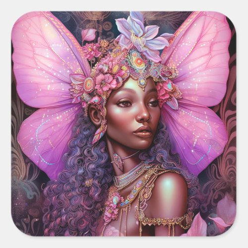 Beautiful Black Fairy Girl Fantasy Art Square Sticker