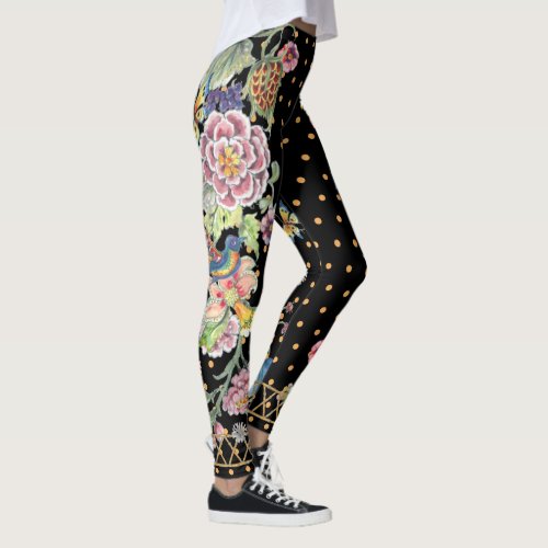 Beautiful Black Floral Butterfly Chinoiserie Mix Leggings