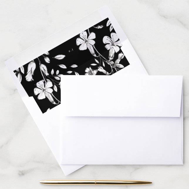 Beautiful Black Floral Monogram Sketched Wedding Envelope Liner (Desk)