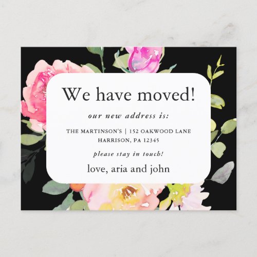 Beautiful Black Floral New Address Moving Postcard