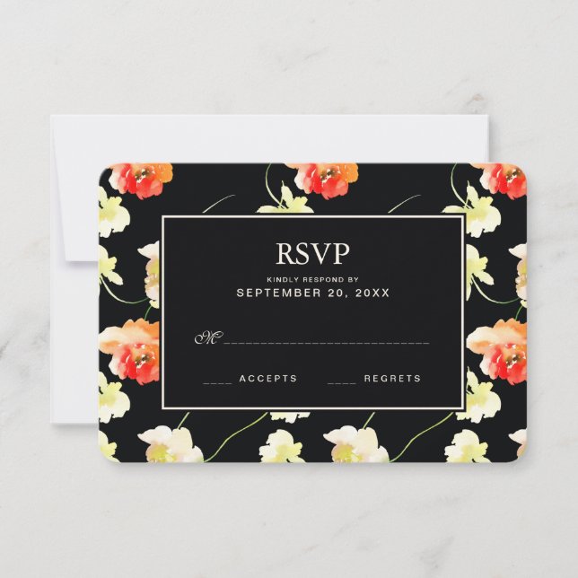 Beautiful Black Floral - Wedding RSVP Card (Front)