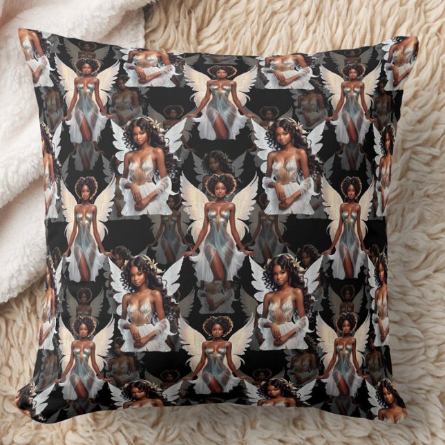 Beautiful Black Girl Angels Pattern Design -Dark Throw Pillow (Creator Uploaded)