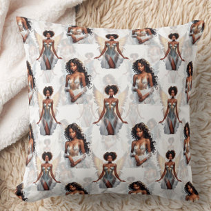 Beautiful Black Girl Angels Pattern Design Throw Pillow