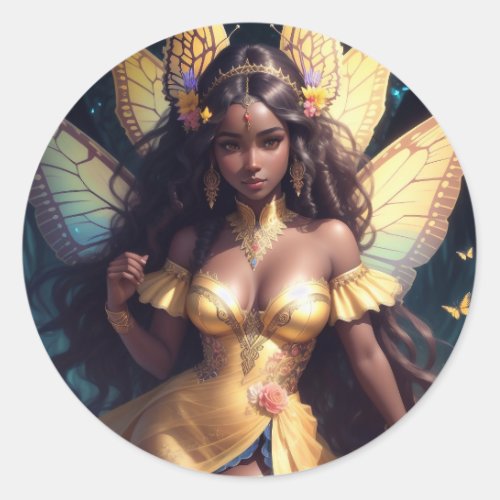 Beautiful Black Girl Fairy Princess With Dark Skin Classic Round Sticker