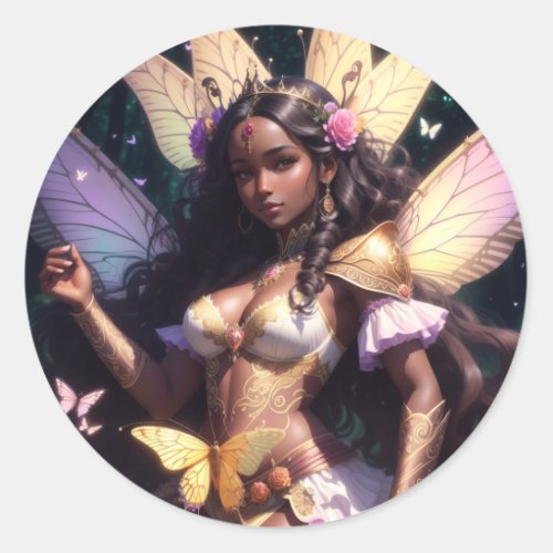 Beautiful Black Girl Fairy Queen Classic Round Sticker
