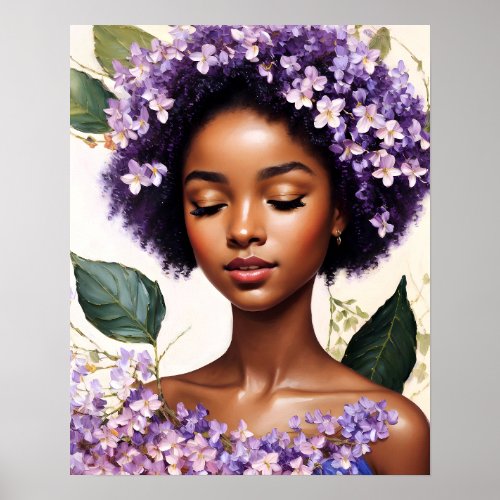 Beautiful Black Girl Purple Flowers Portrait Poster