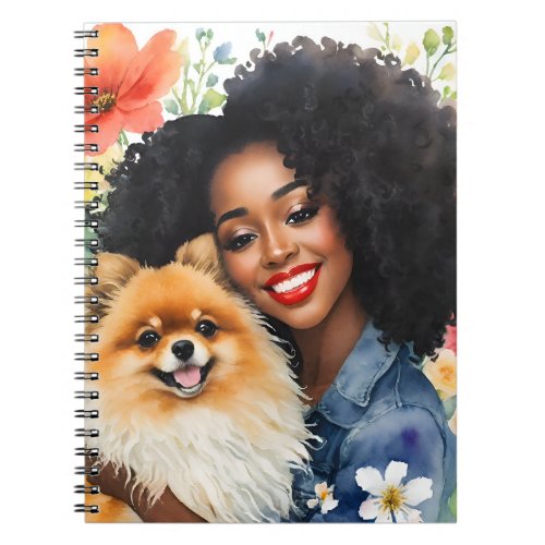 Beautiful Black Girl With Pomeranian Pet Floral Notebook