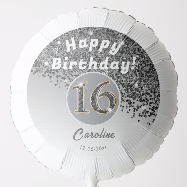 Beautiful Black Glitter Sweet 16th Birthday Balloon (Front)