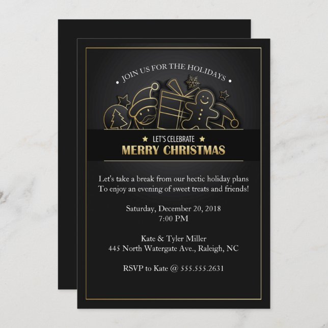 Beautiful Black & Gold Christmas Party Invitation (Front/Back)