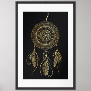 Beautiful Black Gold Dream Catcher Mandala Framed Art