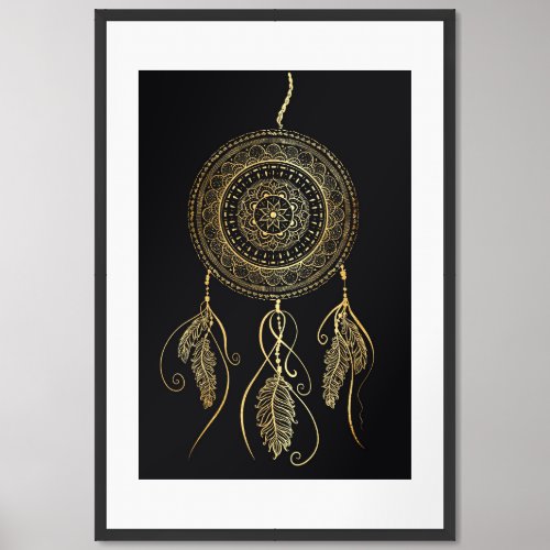 Beautiful Black Gold Dream Catcher Mandala Framed Art
