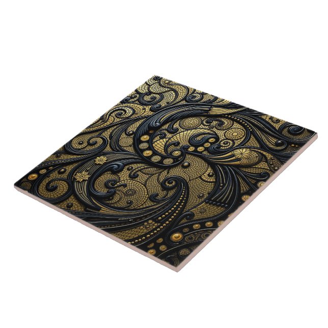 Beautiful Black & Gold Floral and Beads Abstract Ceramic Tile (Side)