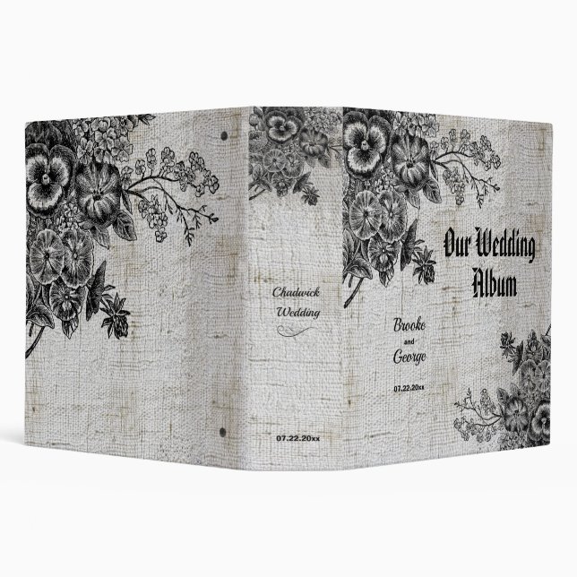 Beautiful Black/Grey Flowers Wedding 3 Ring Binder (Background)